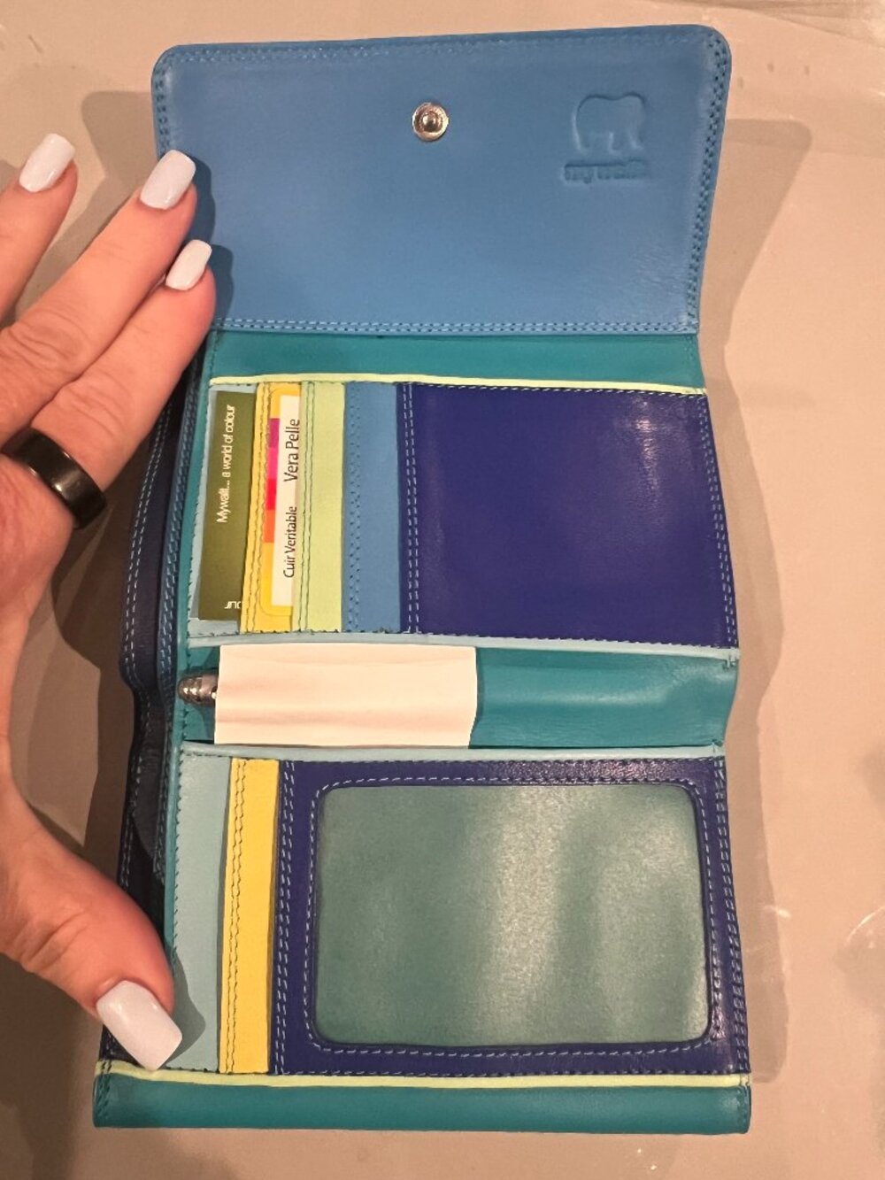 Mywalit Double Flap Leather Wallet Purse Seascape Blue NWT